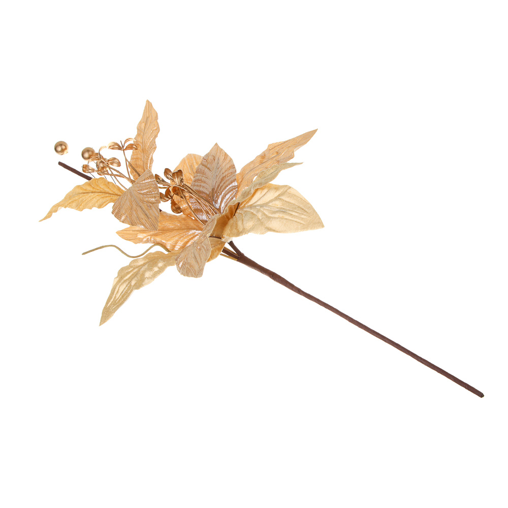 СНОУ БУМ Цветок декоративный на ветке 53x28 см, полиэстер, металл, золото - #4
