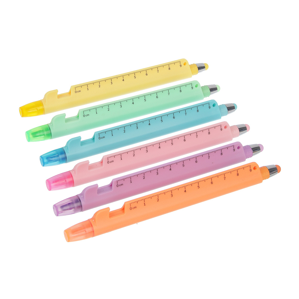 Маркер-выделитель 5 в 1 (ручка шариковая синяя, подставка, стилус, линейка), 6 цветов - #1