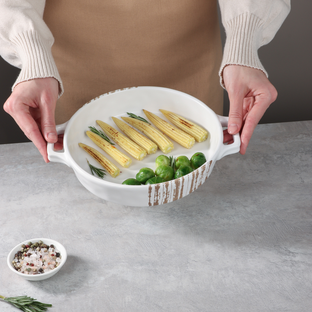 MILLIMI Форма для запекания и сервировки кругл.с ручками, керамика, 25,5х21,5х5см, 1л, белая - #14