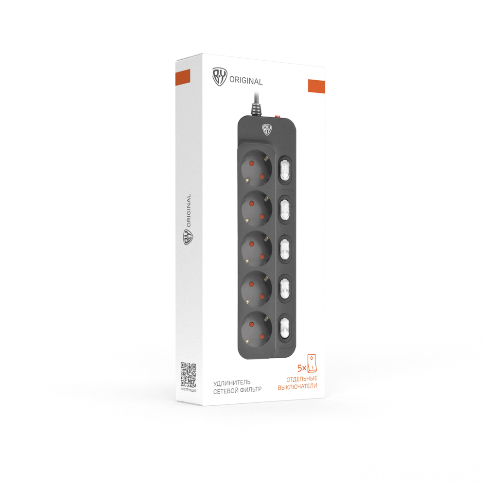 BY Удлинитель сетевой фильтр 5 розеток, 2м, 0,75кв.мм,10А, 2500Вт с отд. выключателями, чёрный - #2