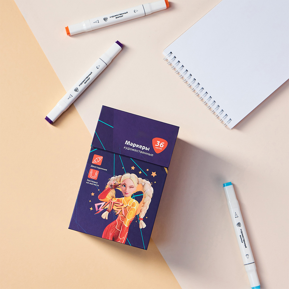 BY Русские Супергерои Маркеры худож., 36цв., 2-стор. (круг./кисточка), коробка-подставка на магните - #11