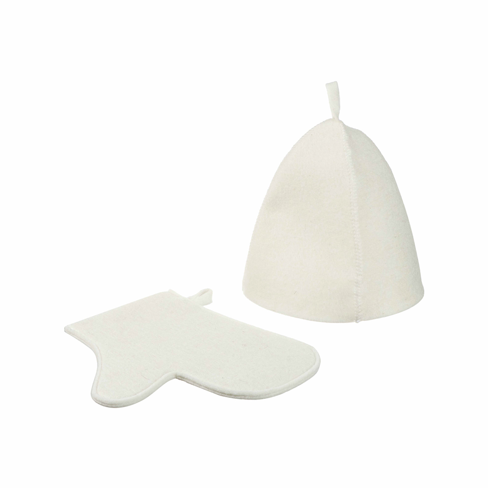 Набор банный ЭКОНОМ 2 предмета без вышивки (рукавица, шапка) в пакете, войлок белый/серый - #2