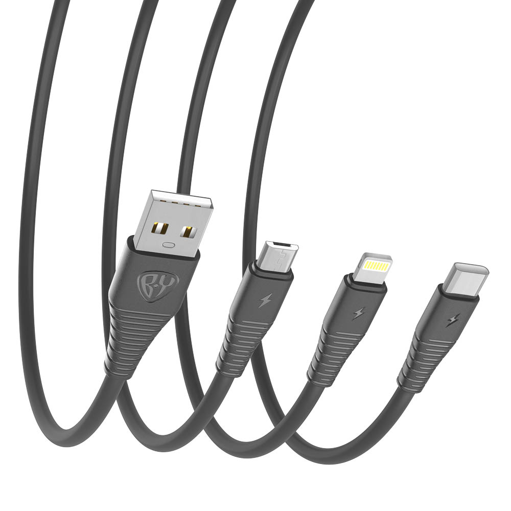 Кабель для зарядки 3в1 USB(A)-Type-C/microUSB/iP BY Base, 18W, 1,2 м, 3A, PVC, чёрный - #5