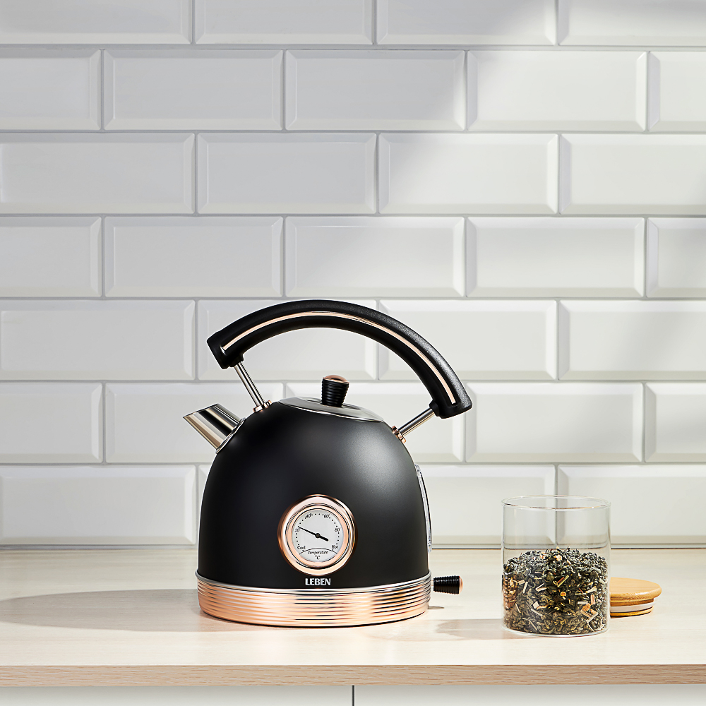 LEBEN Чайник электрический 1,8 л, 2200 Вт, металл, черный с золотом, термометр - #12