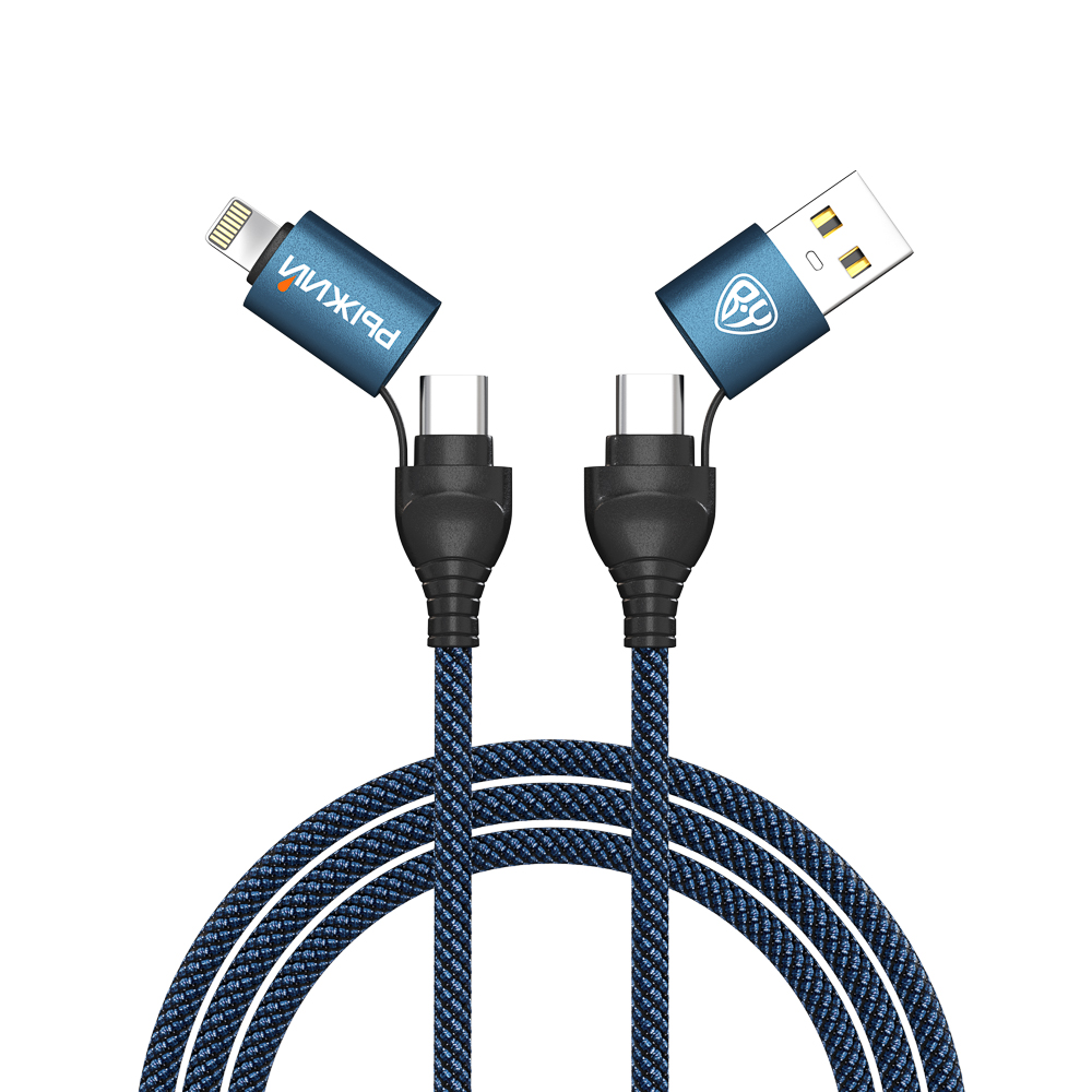 BY Рыжий Кабель для зарядки Diverse 4в1 USB/iP/microUSB/Type-C, 1м,  3А, PD 65W, тканевый, черный - #1