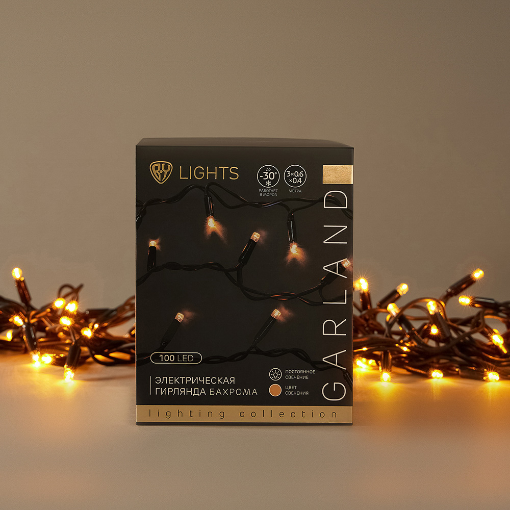 BY Эл.гирлянда бахрома уличная, 3x0.6х0.4м, 100LED, желтый,пост свеч,ПВХ черный,коннект,IP65,220В - #12