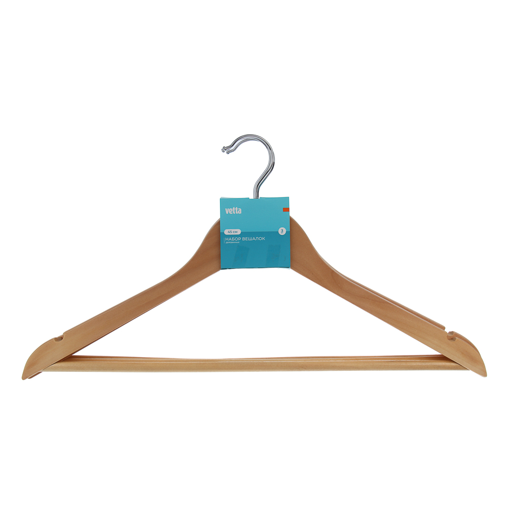 VETTA Набор вешалок деревянных 3шт, 45см, светлое дерево, хром - #5