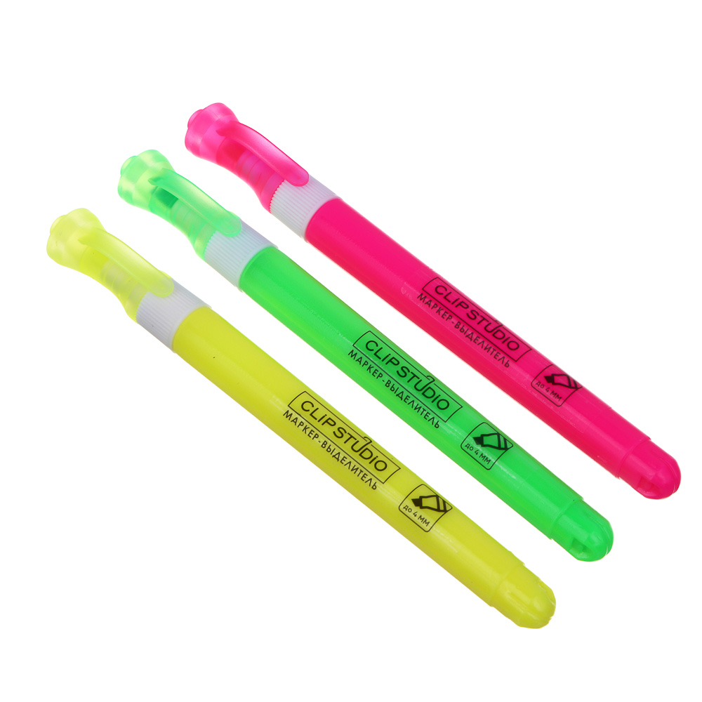 ClipStudio Набор маркеров-выделителей, 3 цвета, круглый корпус, скош. наконечник, ПВХ пенал - #1