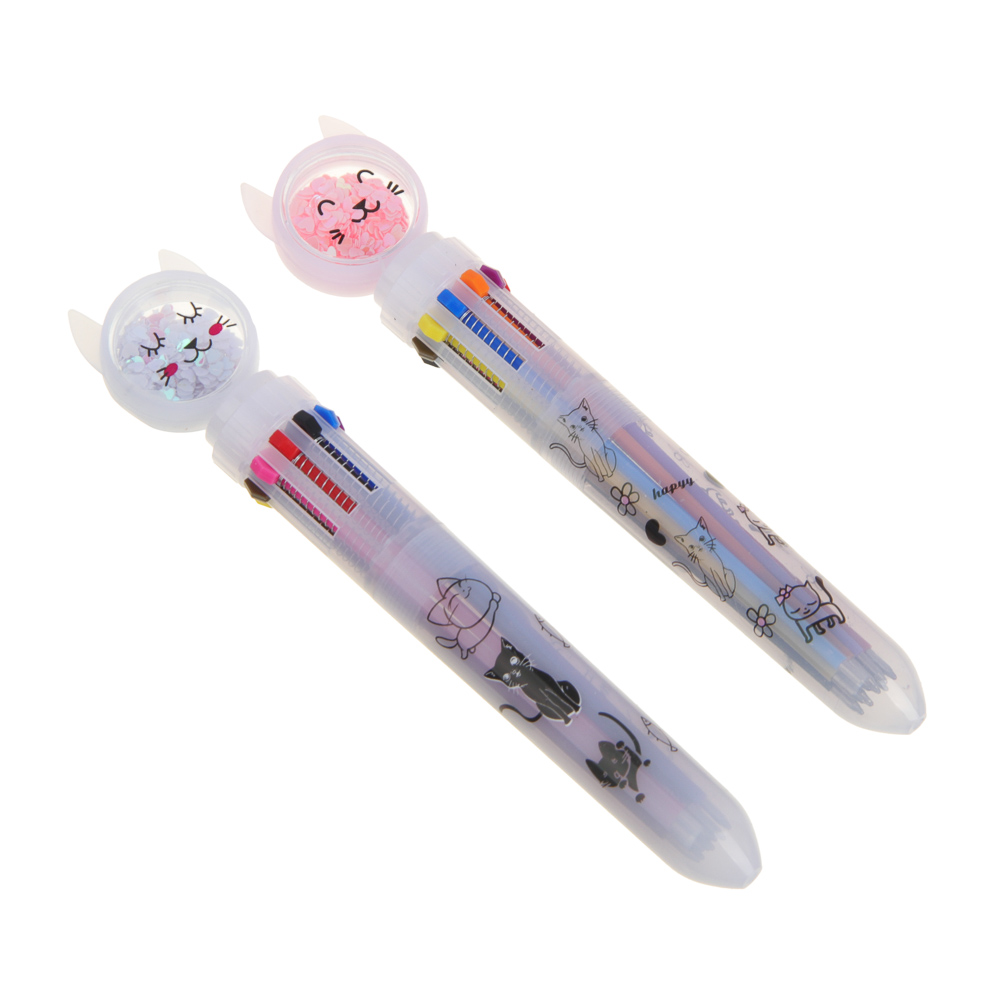 Ручка шариковая 10-цветная, наконечник с бусинами в форме котика, 0,7мм, 2 цвета, пластик - #1