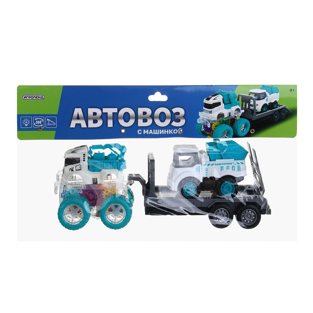 ИГРОЛЕНД Автовоз с машинкой, свет, инерция, 3хLR44, резина, ABS, 34х8,3х20 см, 6 диз - #3