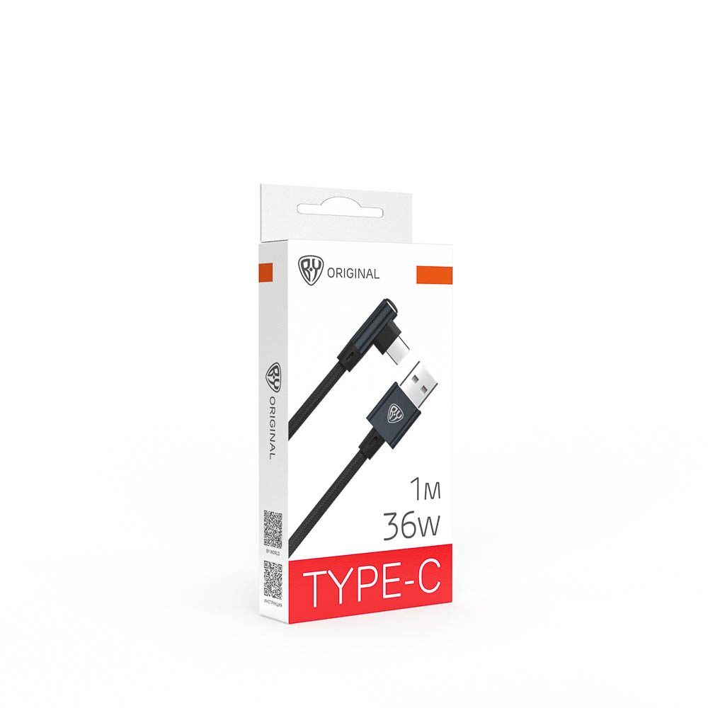 Кабель для зарядки USB(A)-Type C, 36Вт BY Угловой, 1 м, 3A, нейлон, чёрный - #2