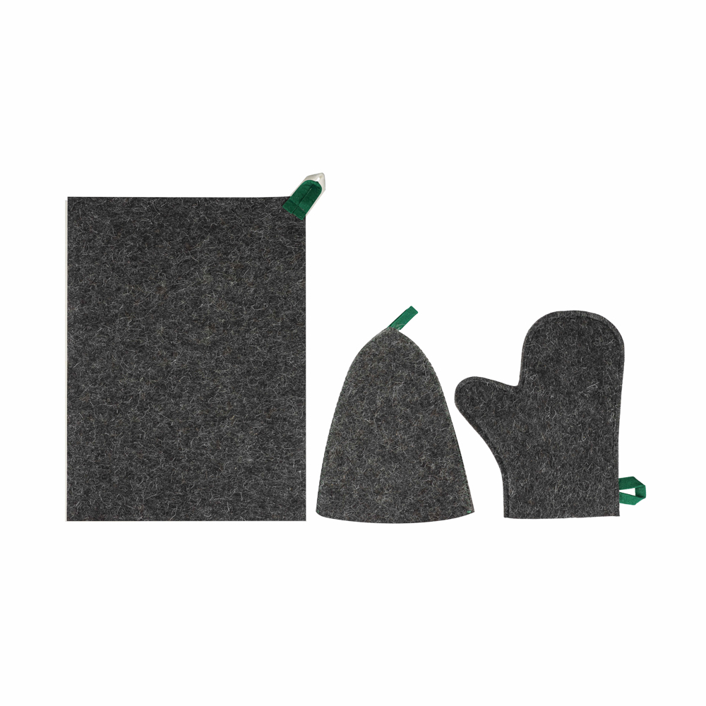 Набор банный ЭКОНОМ 3 предмета (шапка, коврик, рукавица) в пакете, войлок белый/серый - #16