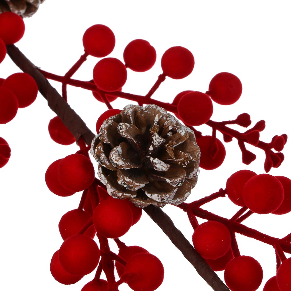 СНОУ БУМ Ветка с ягодами и шишками флокированная 61 см, металл, пластик, 2 цвета - #4