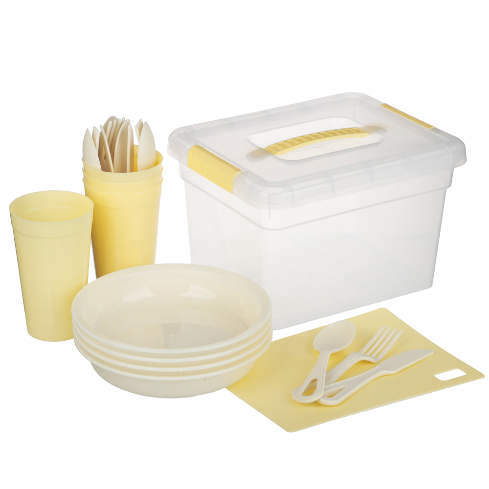 Набор для пикника на 4 персоны: контейнер 5л, тарелки 4шт, стаканы 0,4л 4шт, стол.приборы 4шт, доска - #1