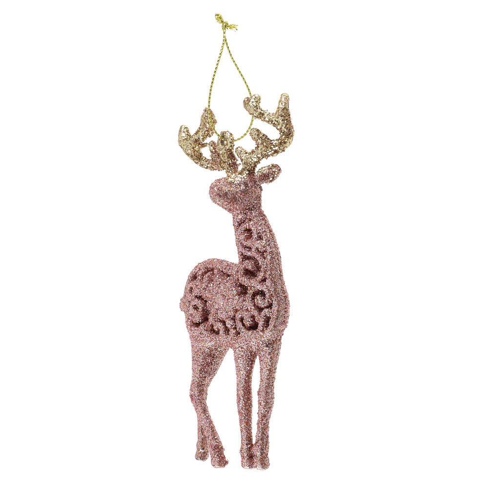 СНОУ БУМ Подвеска декоративная "Олень" 14 см, пластик, глиттер, розовое золото, 2 дизайна - #6
