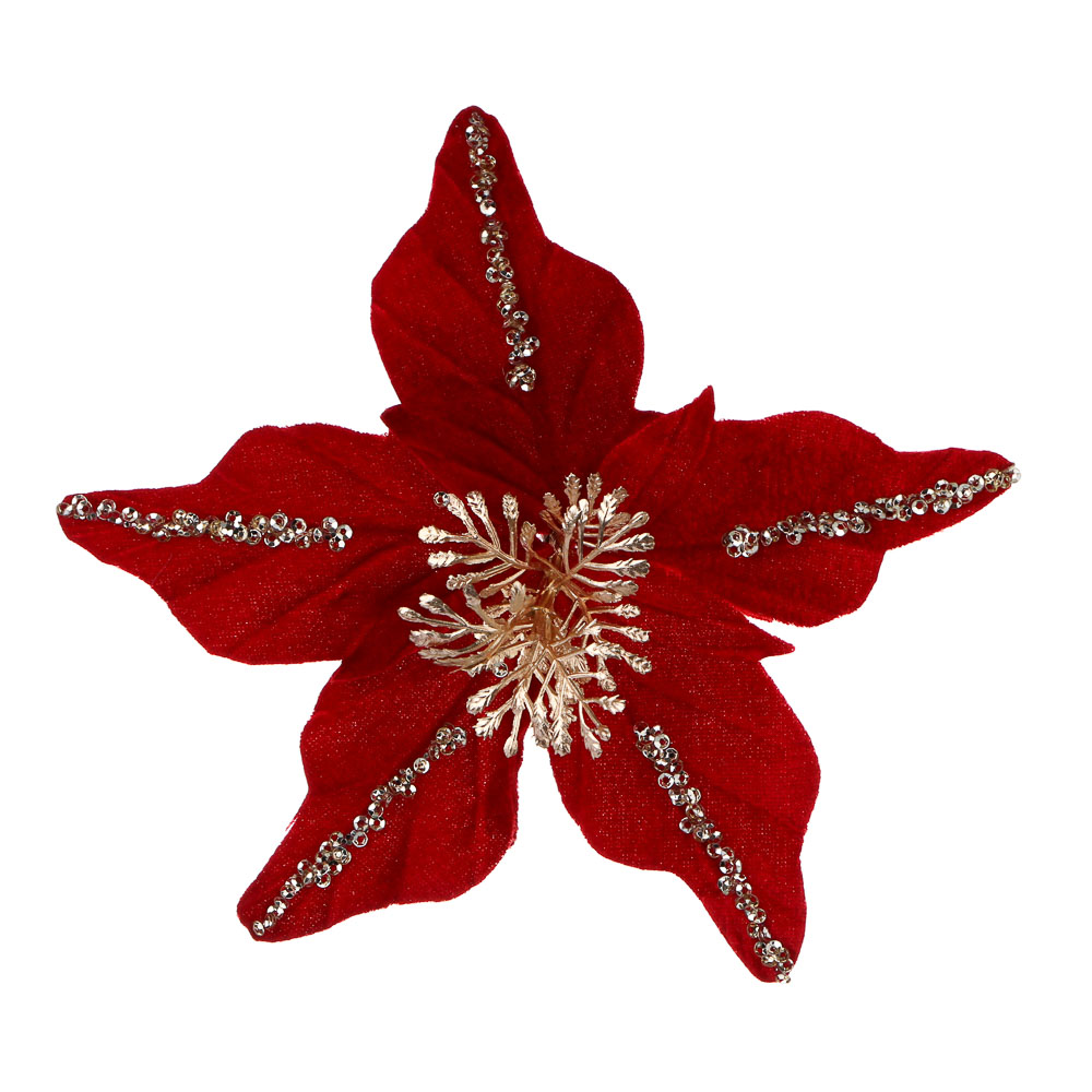 СНОУ БУМ Пуансетия 15 см на прищепке (5 лепестков), глиттер, полиэстер, металл, 26-417 - #3