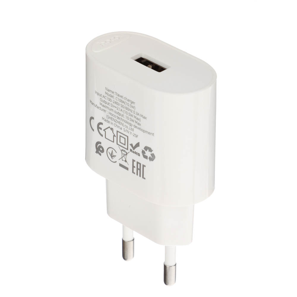 hoco. Зарядное устройство модель C109A, USB-A 10.5W, цвет: белый - #10