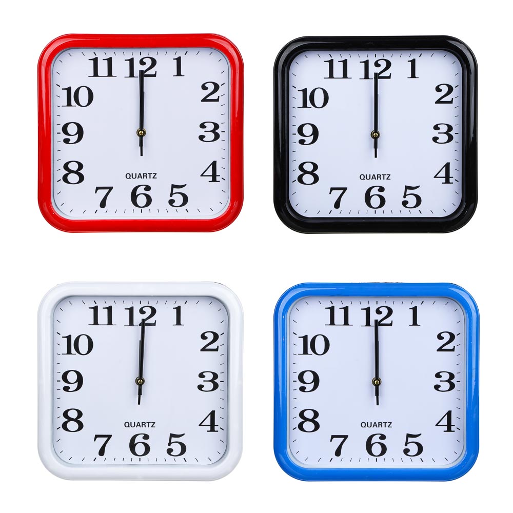 Часы настенные квадратные, пластиковая оправа, 29 см, 4 цвета (синий, черный, белый, красный) - #1