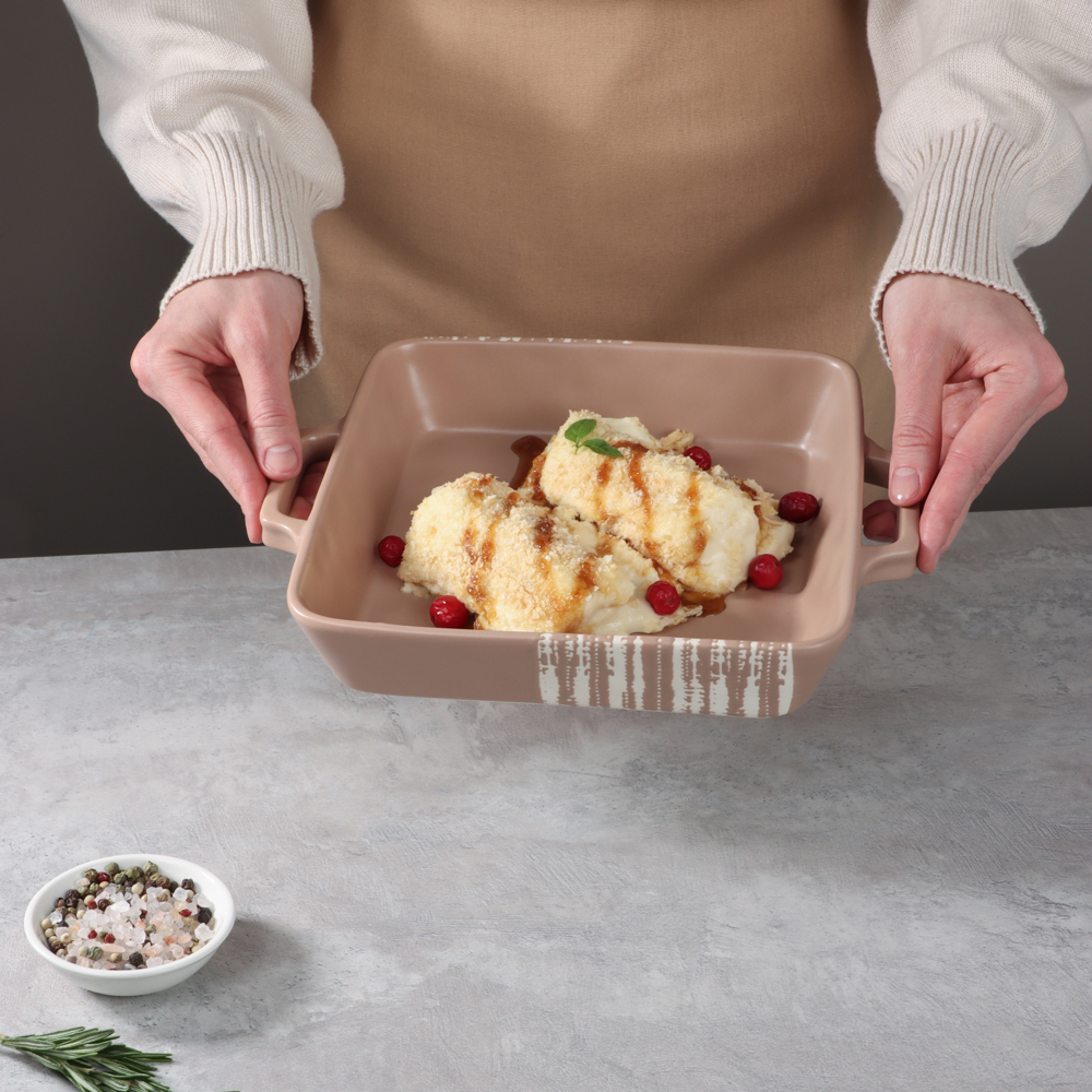 MILLIMI Форма для запекания и сервировки квадрат.с ручками, керамика, 26х21х5см, 1,2л, бежевая - #11