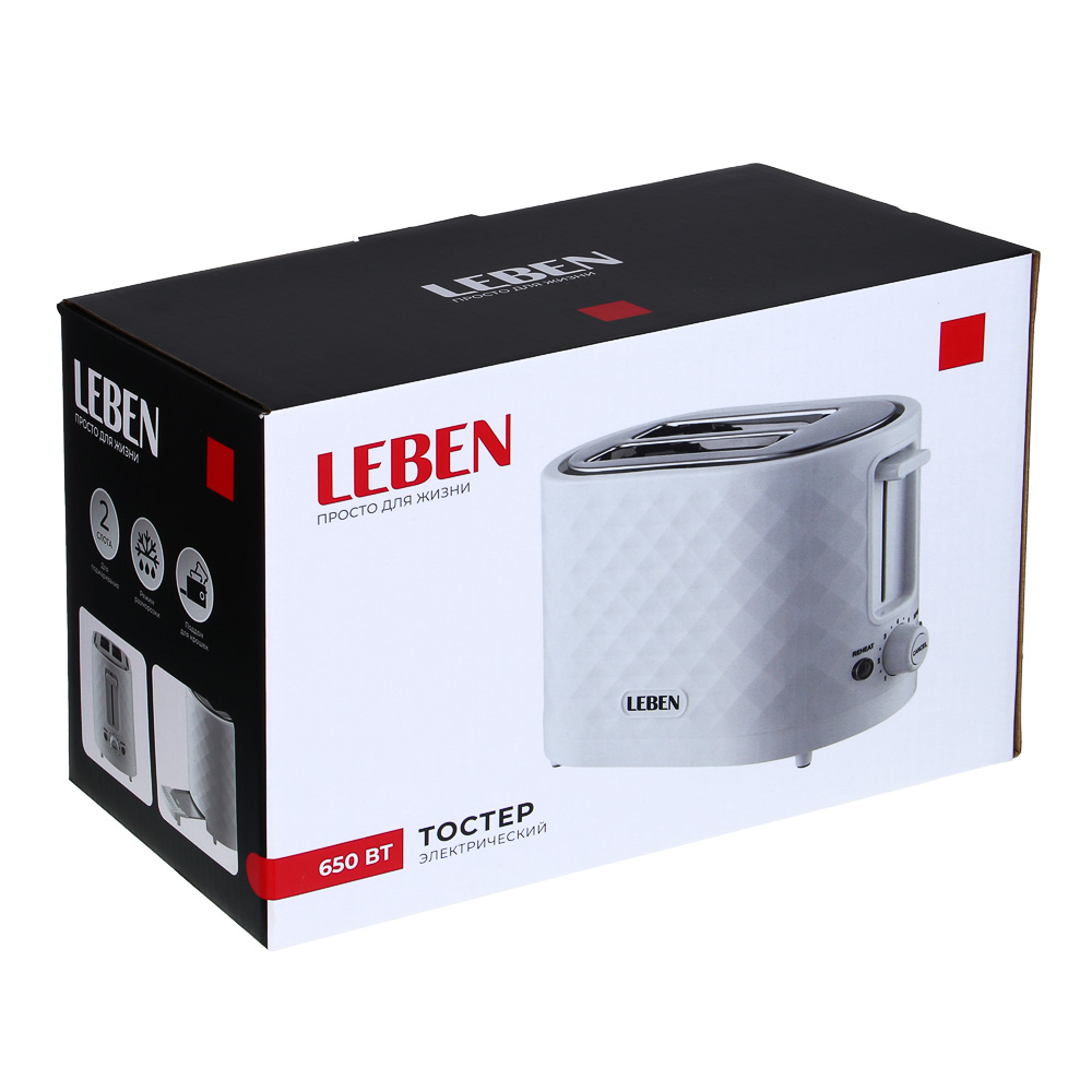 LEBEN Тостер, 650 Вт, 2 слота, режим разморозки, поддон для крошек, пластик, металл, белый - #6