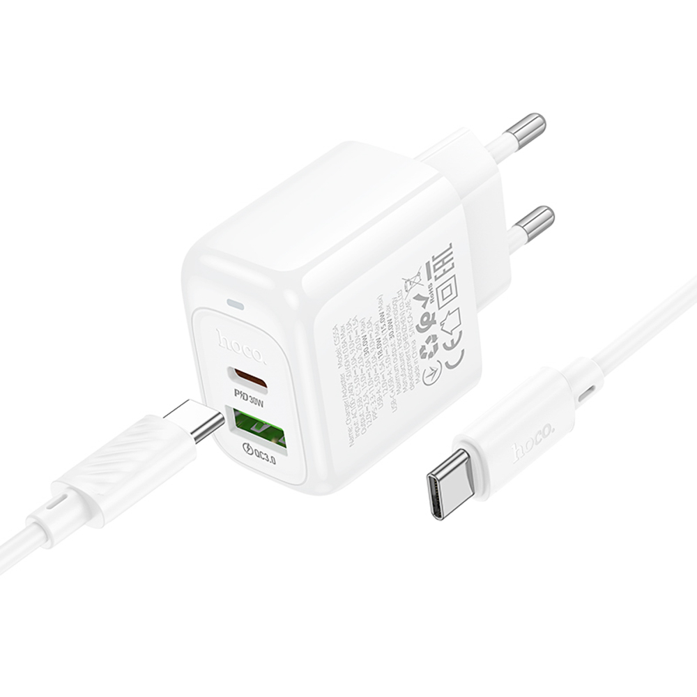 hoco. Зарядное устройство модель CS55A, USB+C 30W+ Кабель для зарядки С-С, цвет: белый - #3
