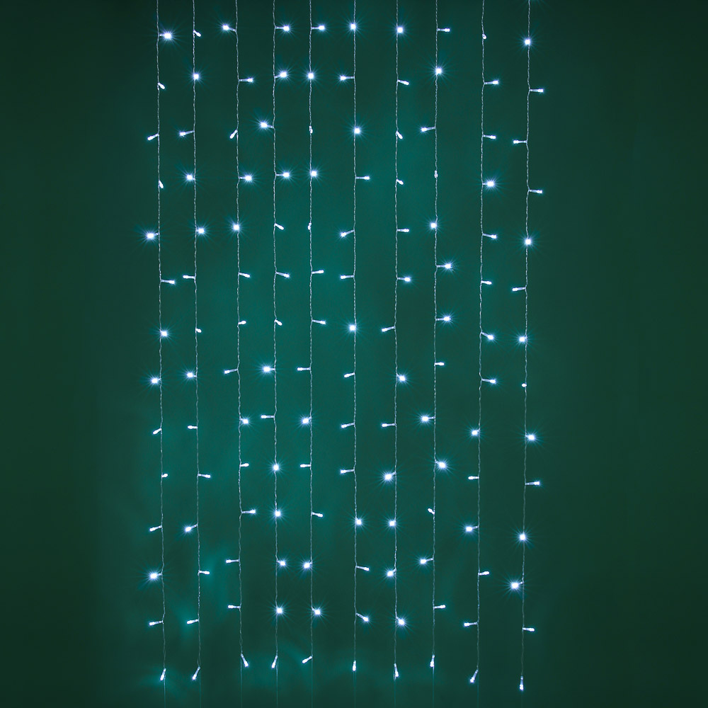 СНОУ БУМ Эл.гирлянда занавес, 1.5x1.5м, 150LED, белый, 10 нитей, пост.свеч., ПВХ прозр., 220В - #1