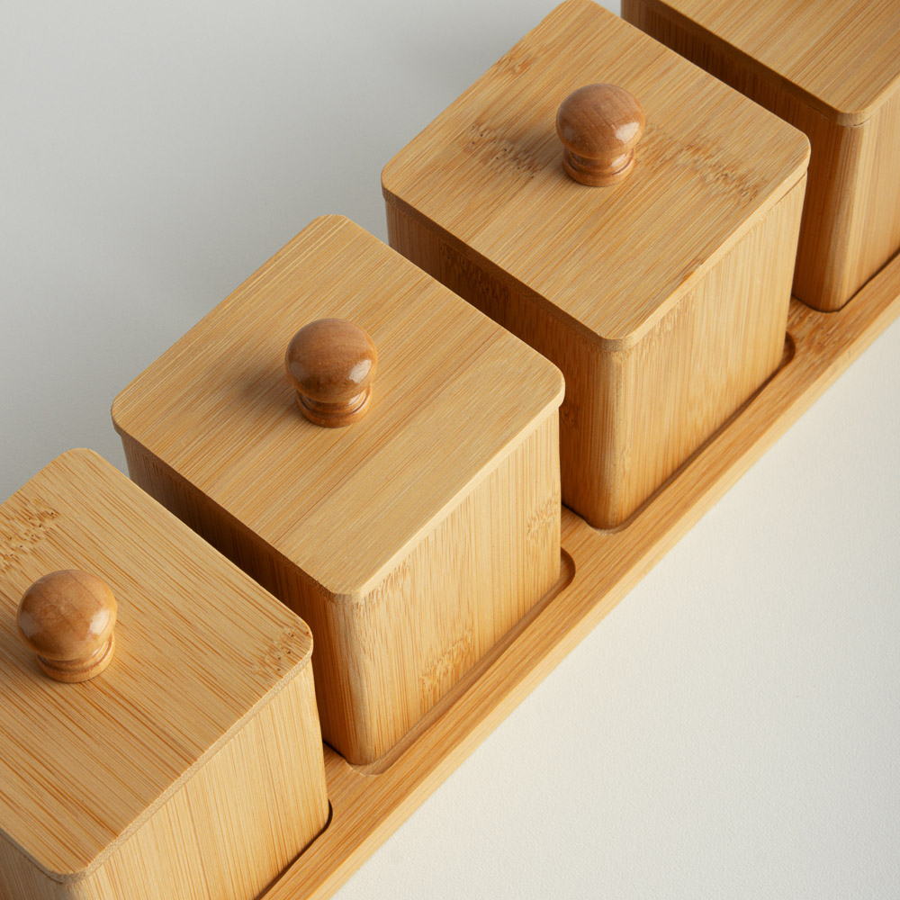 SATOSHI Набор банок для специй с крышками на подставке (7х7х10см – 4шт.), бамбук - #12