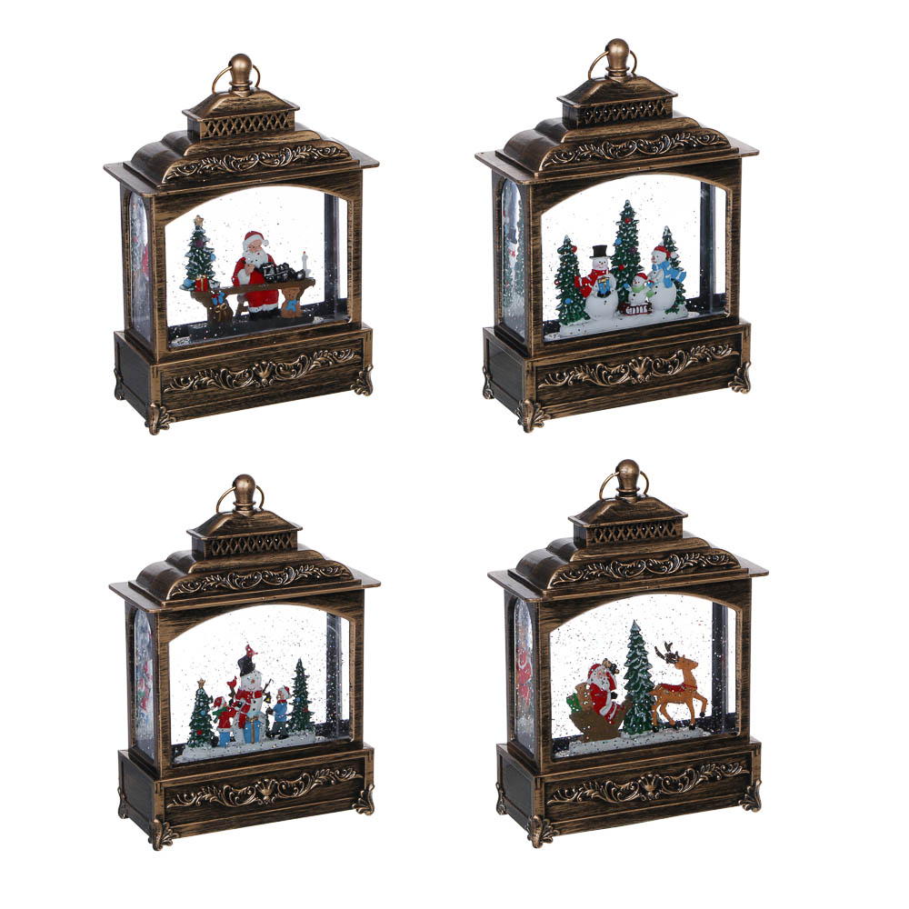 СНОУ БУМ Светильник декор.LED в виде фонаря со снегом, 14х6х21см,HIPS,PVC,вода,3хAAA/USB,2реж.,4диз. - #1