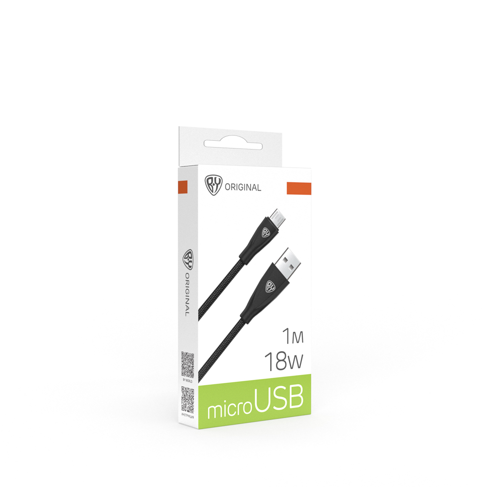 Кабель для зарядки USB(A)-microUSB BY Nylon Pro, 18Вт, 1 м, 3A, нейлон, черный - #1