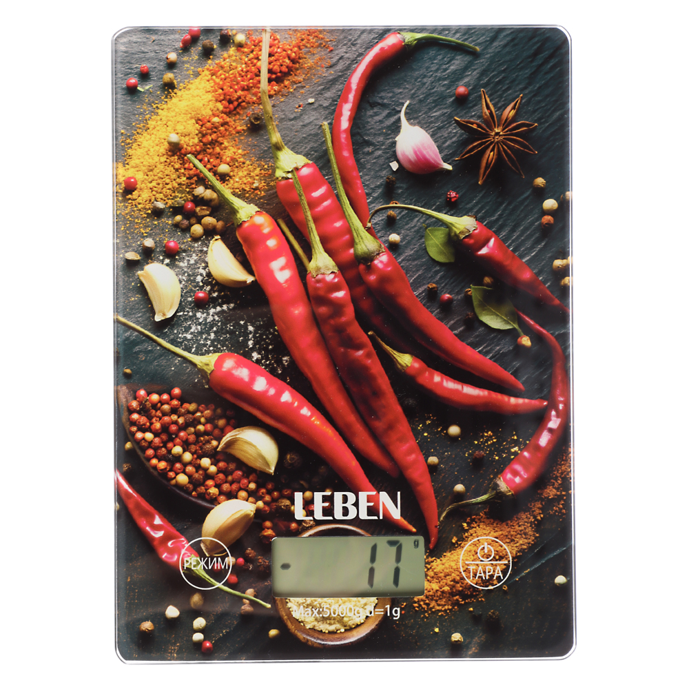 LEBEN Весы кухонные электронные, прямоуг., стекло с дизайном, макс.нагр. 5кг (точн.измер. 1гр) - #1