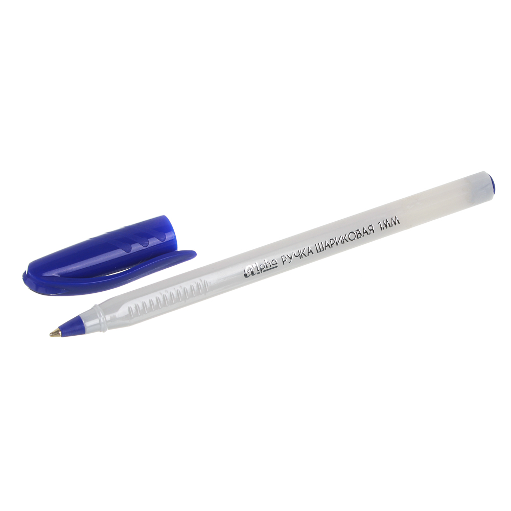 Ручка шариковая синяя "Альфа", с белым трехгранным корпусом, 1мм, инд. маркировка - #2