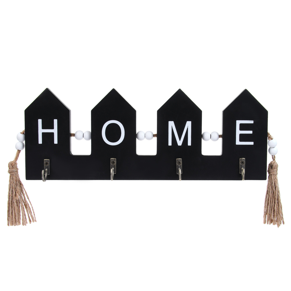 Ключница открытого типа HOME на 4 крючка, 32x3x11 см, МДФ, цвет черный - #1