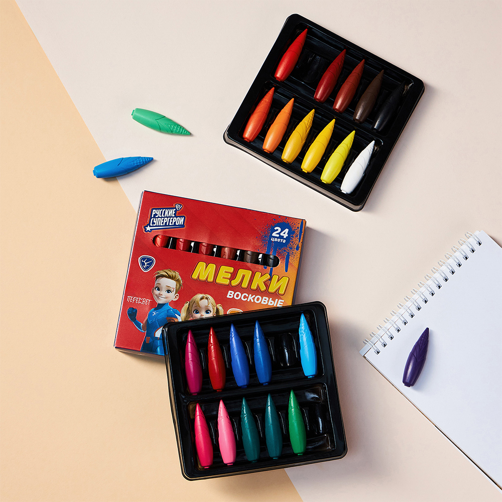 BY Русские Супергерои Мелки восковые пластиковые, 24 цвета, в форме кукурузы, 5,2 см, "Джуниор" - #8