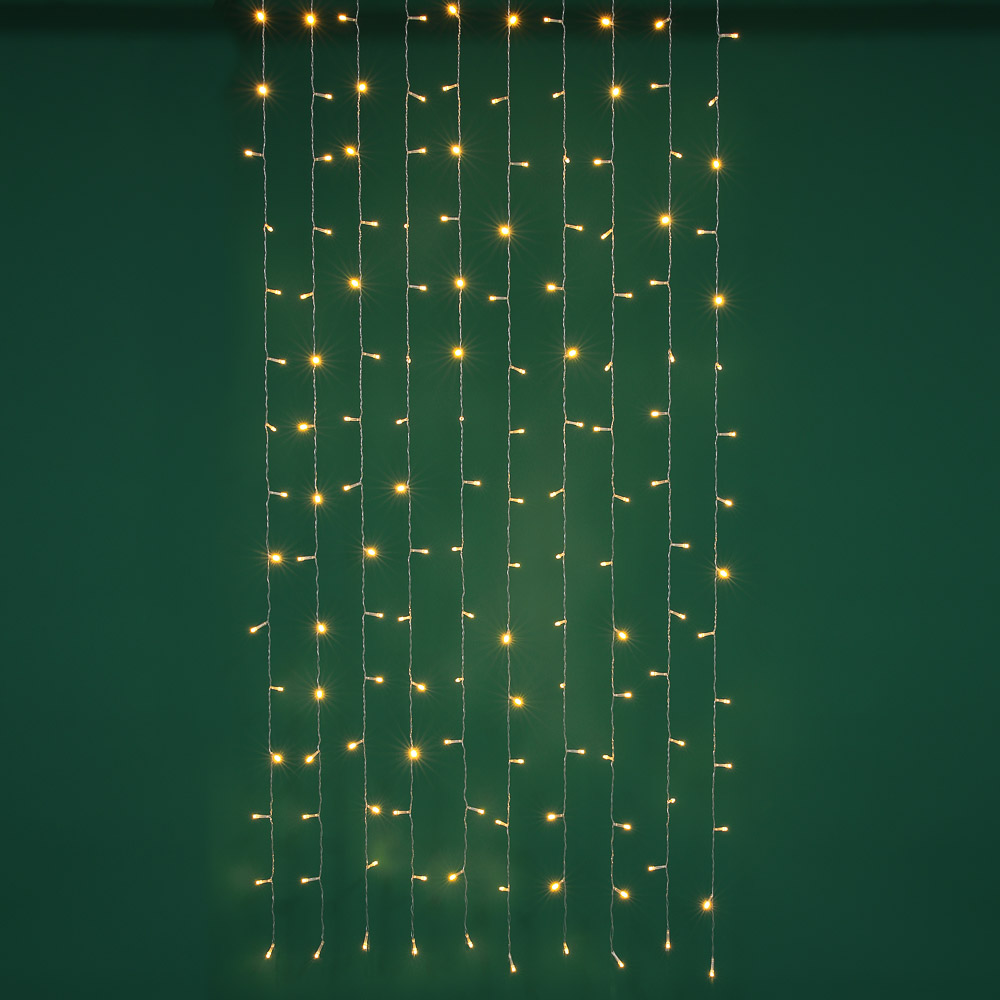СНОУ БУМ Эл.гирлянда занавес, 1.5x1.5м, 150LED, шампань, 10 нитей, пост.свеч., ПВХ прозр., 220В - #1