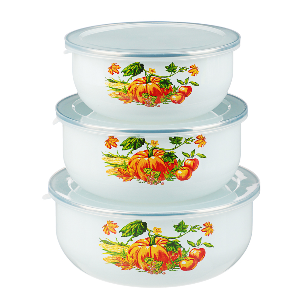 Набор эмалированных салатников с крышками, 6пр. (14/16/18см, 0,7/1,1/1,4л) "Тыквенный латте" - #1
