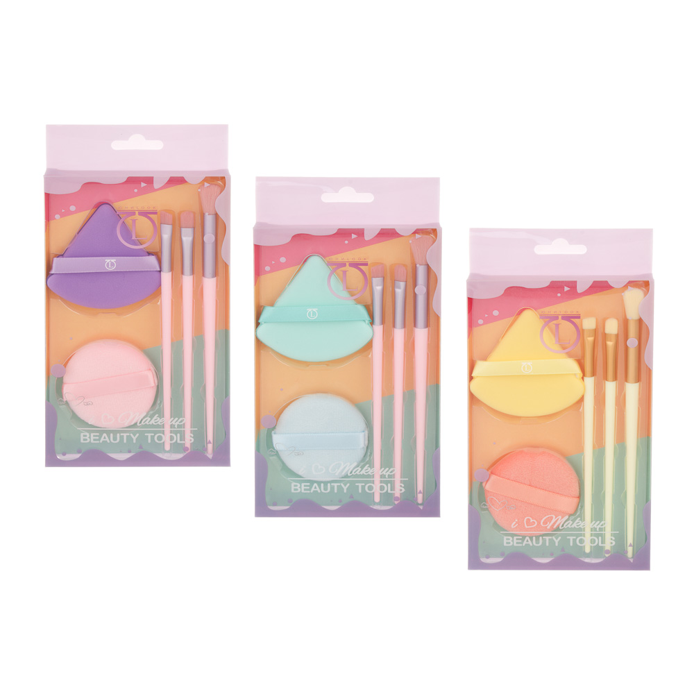 Набор для визажа 5 шт (спонжи 2 шт, кисти 3 шт) тм ЮНИLOOK, ЭВА, ПУ, пластик, нейлон, 3 цвета - #17