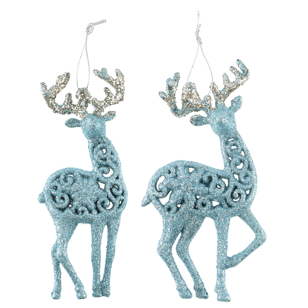 СНОУ БУМ Подвеска декоративная "Олень" 14 см, пластик, глиттер, голубой, 2 дизайна - #1
