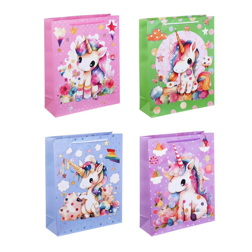 Пакет подарочный бумажный, 26x32x9 см, 128 гр, 4 дизайна, Единороги - #1