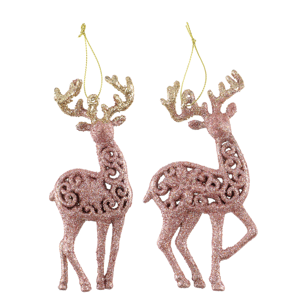 СНОУ БУМ Подвеска декоративная "Олень" 14 см, пластик, глиттер, розовое золото, 2 дизайна - #1