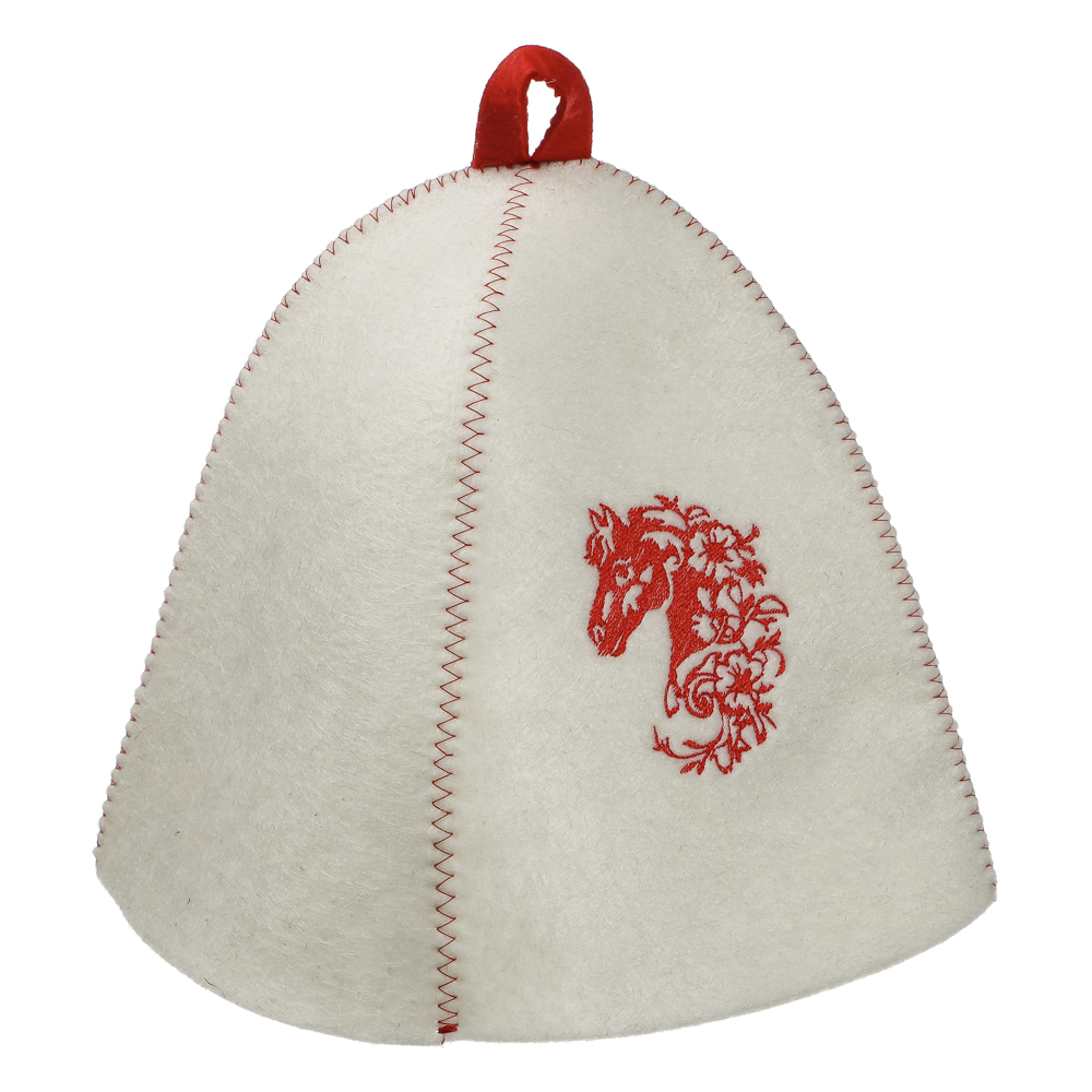 Шапка банная с вышивкой КОНЬ, войлок белый/серый - #6