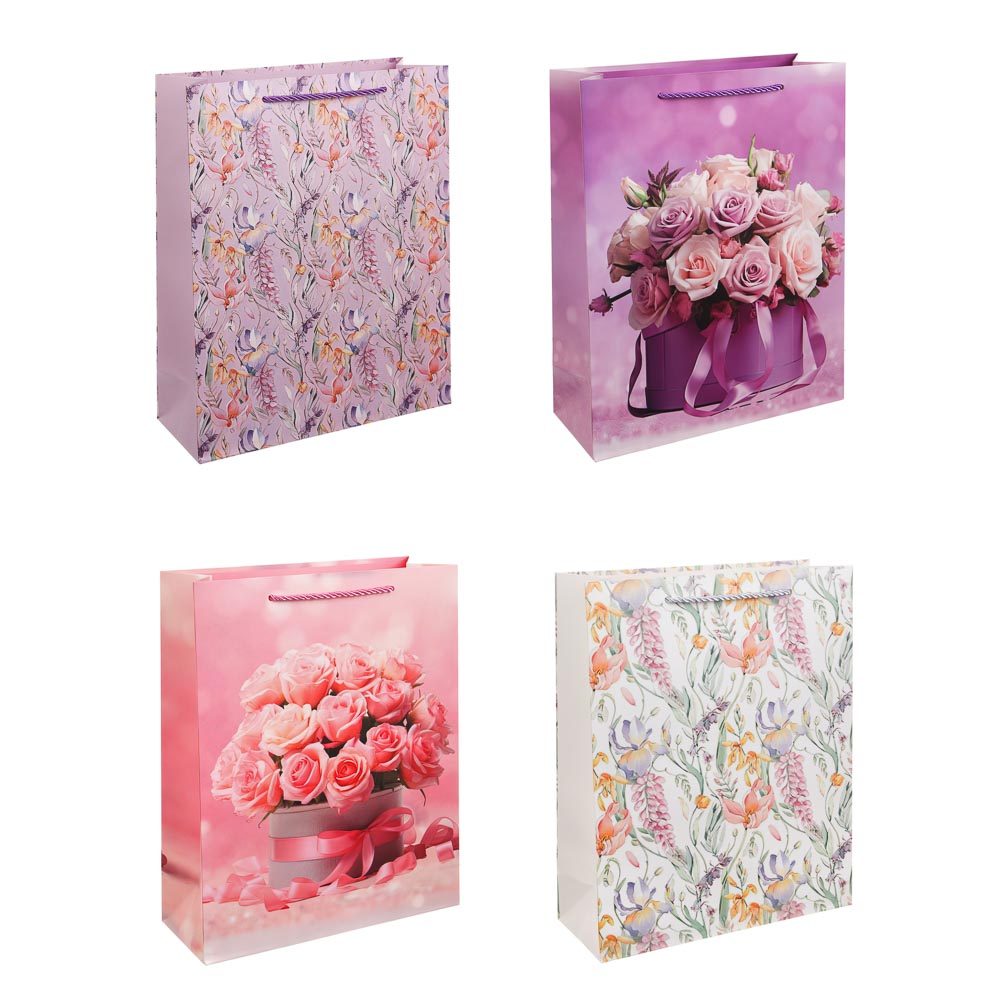 Пакет подарочный бумажный тм LADECOR, L 26x32x10 см, "Цветы" арт 2, 4 дизайна - #1