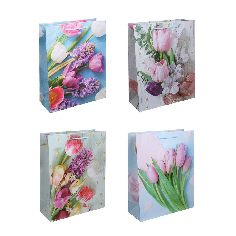 Пакет подарочный бумажный тм LADECOR, L 26x32x10 см, 4 дизайна, тюльпаны - #1