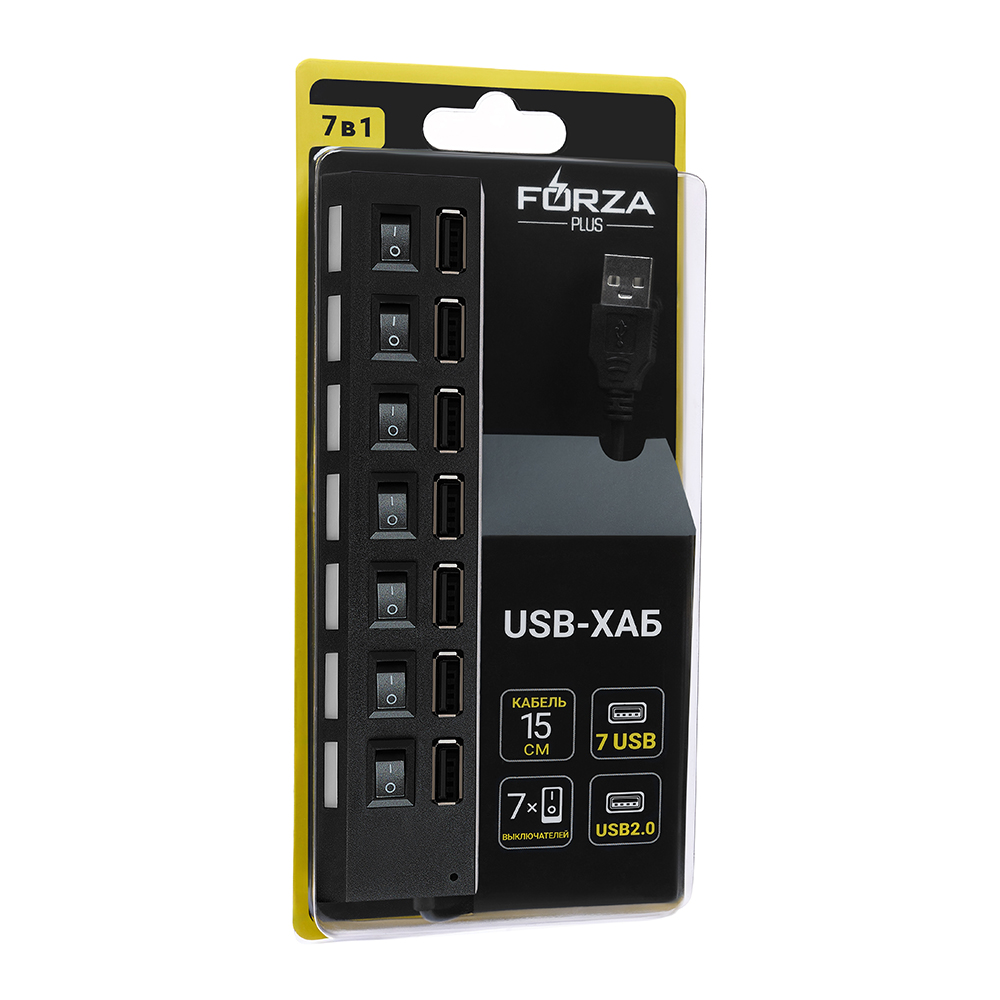 FORZA USB-хаб разветвитель 7xUSB 2.0 с выключателями, кабель USB(A) 15см, пластик, чёрный - #9