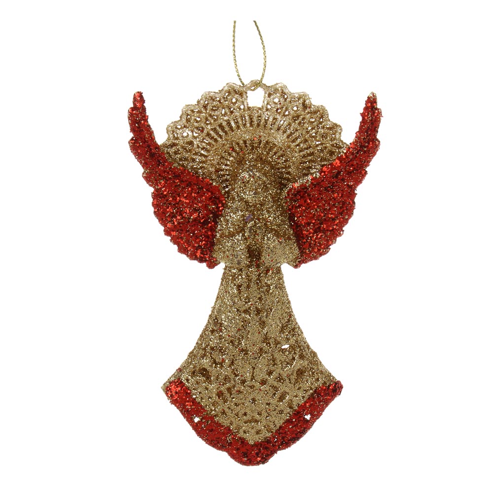 СНОУ БУМ Подвеска декоративная "Ангел" 13 см, пластик, глиттер, золото, красный - #1