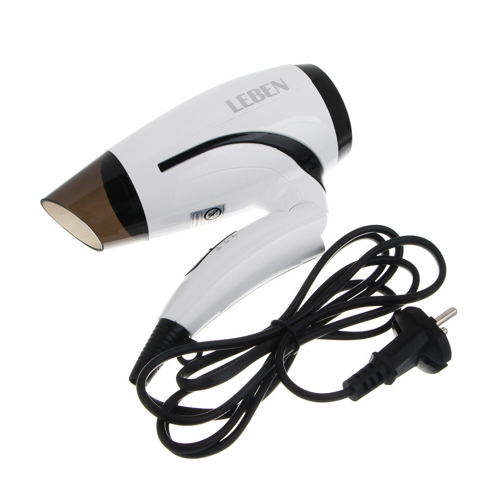 LEBEN Фен для волос, складной, 1200 Вт, 2 скорости, бело-черный, концентратор - #3