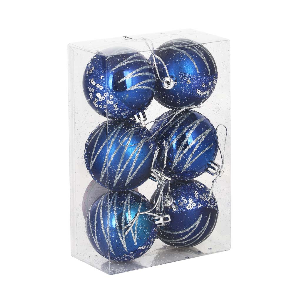 СНОУ БУМ Набор шаров с декором и пайетками 6шт 6см, синий с серебром, пластик - #4
