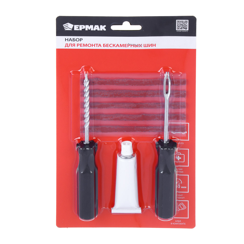 ЕРМАК Ремкомплект для б/к шин прямые ручки (клей, шило для жгута, шило спиральное), арт.2 - #1