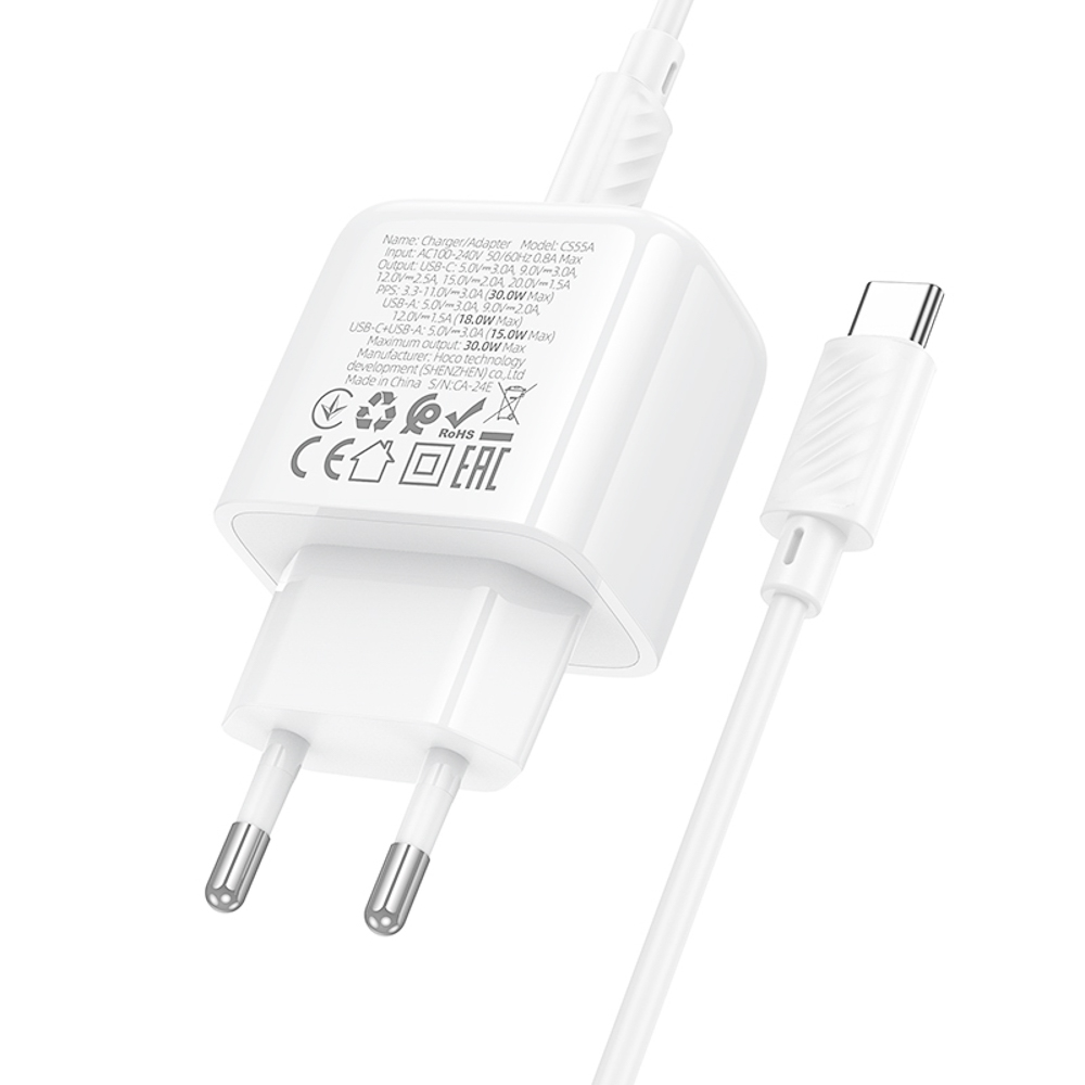 hoco. Зарядное устройство модель CS55A, USB+C 30W+ Кабель для зарядки С-С, цвет: белый - #7
