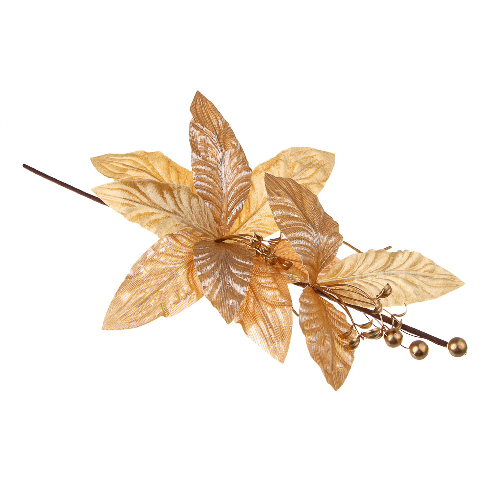 СНОУ БУМ Цветок декоративный на ветке 53x28 см, полиэстер, металл, золото - #1