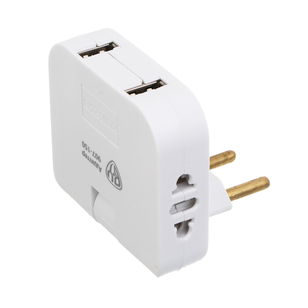 Разветвитель 2 гнезда BY плоский, поворотный, 180 градусов, 2хUSB-A,110-240В,50-60Гц, 6А, б/з, белый - #8